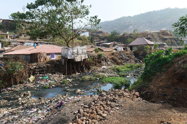 A drainage clogged with waste